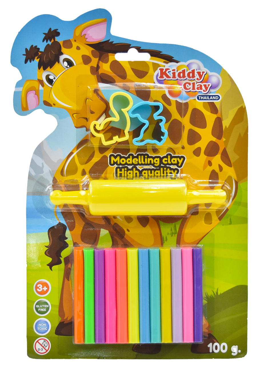 Kiddy Clay Pack of 12 Modelling & Sculpting Clay with 2 Cutter & 1 Roller (100 g.), Colorful Reusable DIY Children Soft Clay, Creative Art & Crafts, Ideal Gift for Kids, Blister Card Pack, 12 Vibrant Colors