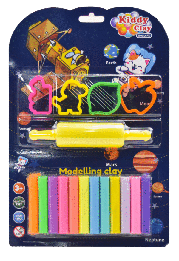 Kiddy Clay Pack of 12 Round sticks of clay (150 g.) 4 Cutters and Roller in Blister Card, Colourful Reusable DIY Soft Clay, Creative Art & Crafts, Ideal Gift for Kids – sticks of clay & Blister Card Pack