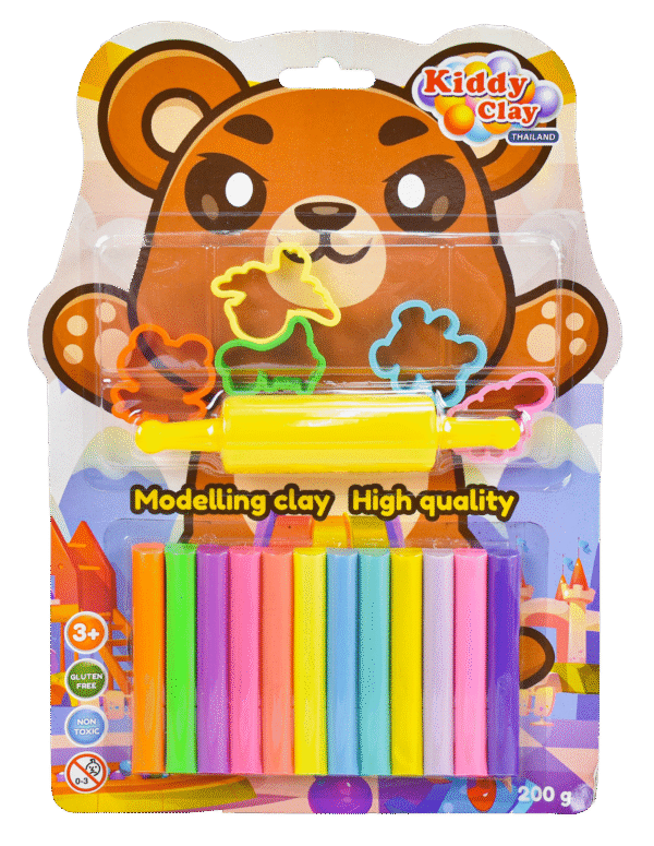 Kiddy Clay Pack of 12 Round sticks of clay (200 g.) & 5 Cutters and Roller in Blister Card, Colourful Reusable DIY Soft Clay, Creative Art & Crafts, Ideal Gift for Kids