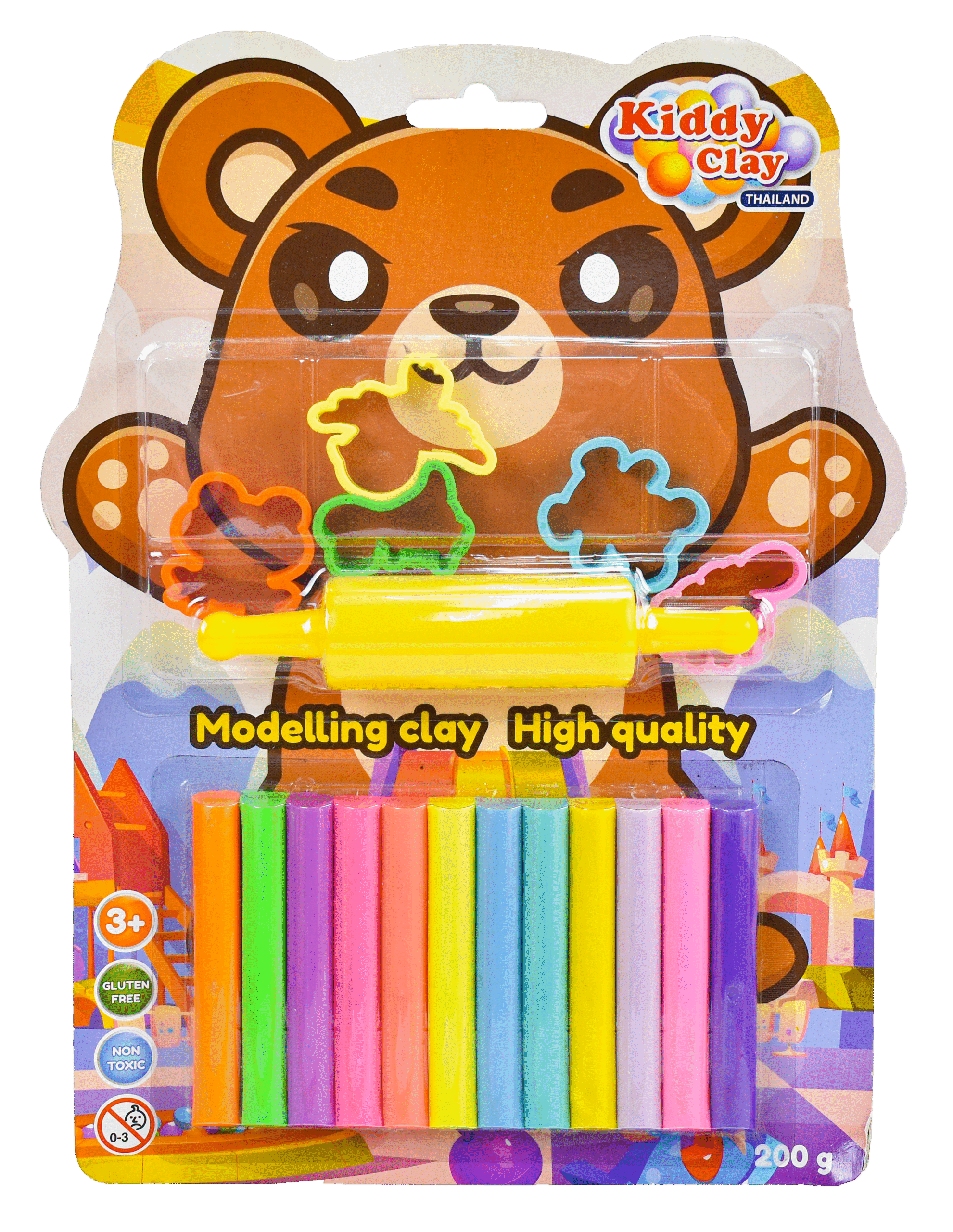 Kiddy Clay Pack of 12 Round sticks of clay (200 g.) & 5 Cutters and Roller in Blister Card, Colourful Reusable DIY Soft Clay, Creative Art & Crafts, Ideal Gift for Kids